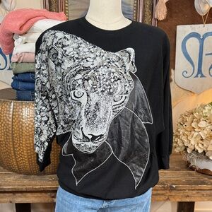 Vintage 80s Black Sweater with Leopard Design